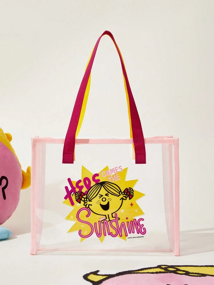 1pc Cartoon Pink Transparent Women Beach Tote Bag, For Women's Day