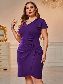 CurvySweet 加大尺碼女式復古v領荷葉邊袖修身連衣裙,腰間褶皺設計 - 紫色 - 查看 6
