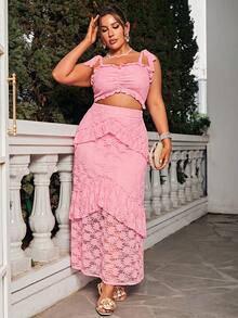 Glamaker Plus Size Plain Lace Cami Top & Ruffled Skirt Two-Piece Set - Pink - View 3
