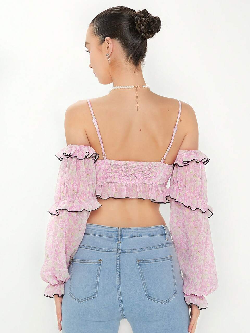 Summer Spring Flower Print Cropped Holiday Top With Ruffle Hem And Trim