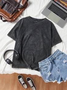 SHEIN EZwear 鬆身針織黑色休閒T恤 - 黑色 - 查看 6