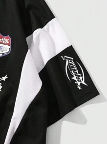 ROMWE MEN Street Life 男士赛车色块字母印花 Polo 衫，适合春夏季日常穿着、上学 - 黑色 - 查看 6