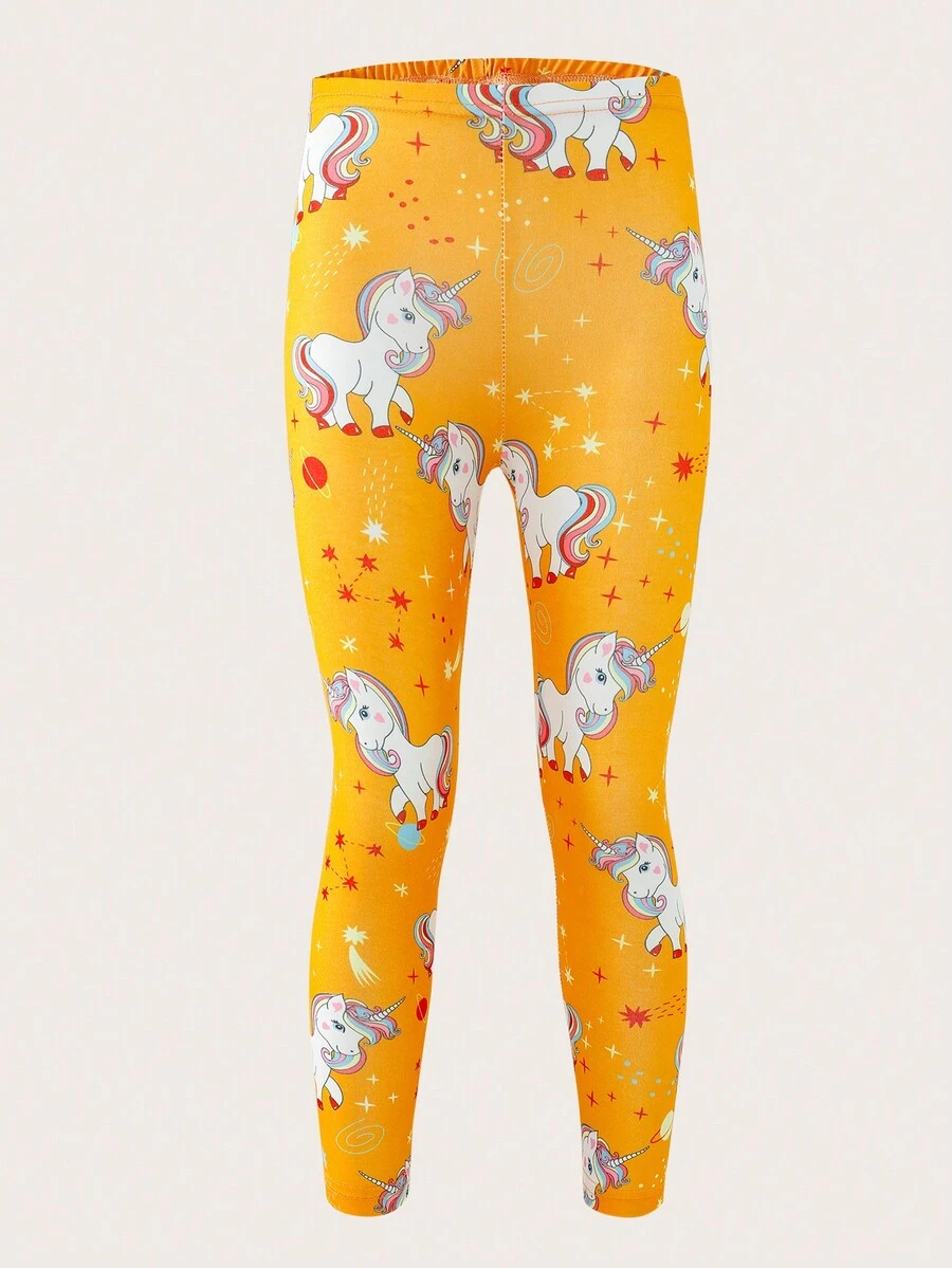 Young Girls' Yellow Simple Style Unicorn Print Long Leggings - Yellow - View 1