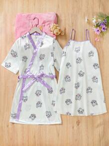Teen Girl's Simple Fashion Cartoon Printed Cami Nightdress With Short Sleeve Robe Set For Home Wear - Multicolor - View 3