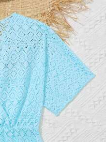 Tween Girls' Hollow Out Embroidered V-Neck Belted Cover Up Dress - Teal Blue - View 3