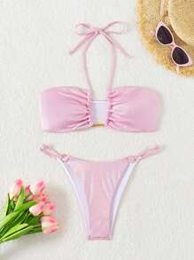 Swim Mod Conjunto de bikini de dos piezas brillante para playa de verano - Rosa - Ver 5