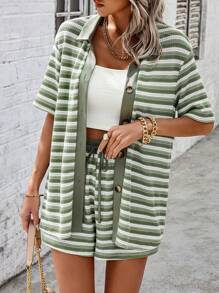 SHEIN LUNE Color-Contrasting Striped Short Sleeve Shirt With Single Breasted Closure And Drawstring Shorts Set - Green - View 5