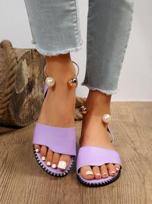 Dép đế bằng trơn màu trơn đơn giản dành cho nữ mùa hè mới có chi tiết khóa ngọc trai giả kim loại và phong cách tươi mới cho ngày lễ tình nhân - Màu tím - Xem 5