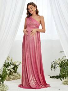 Faeriesty Dressalisa Maternity One Shoulder Floor Length Metallic Gown - Hot Pink - View 3