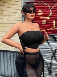 SHEIN SXY Side-Crossed Lace Up Cropped Bandeau Top - Black - View 5