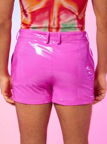 FeverCity Men's Pink Faux Leather Shorts With Pockets - Pink - View 2