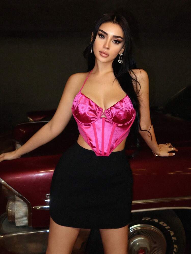 Women's Sexy Asymmetrical Hem Pink Layered Camisole Top With Spaghetti Straps