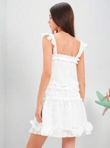 Enchnt Spring Summer Women's Solid Color Hollow Out Embroidered Patchwork Ruffled Hem Spaghetti Strap White Bridal Shower  Dress - White - View 3