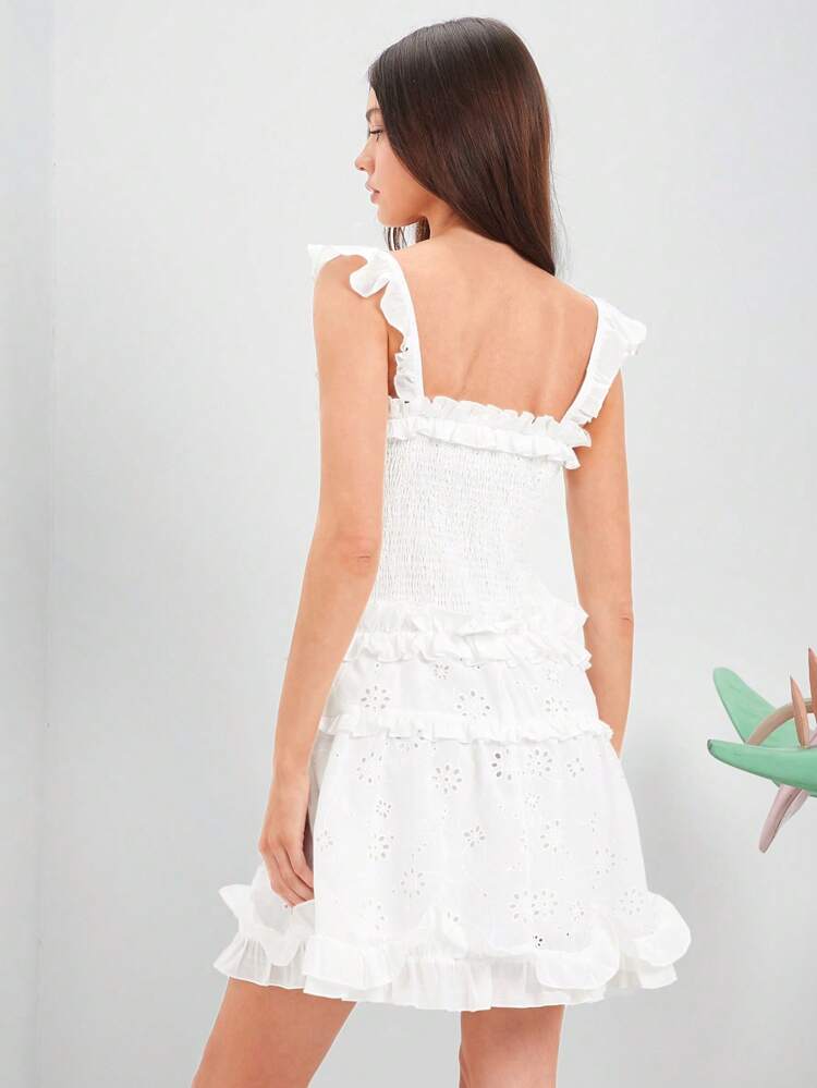 Spring Summer Women's Solid Color Hollow Out Embroidered Patchwork Ruffled Hem Spaghetti Strap White Bridal Shower  Dress