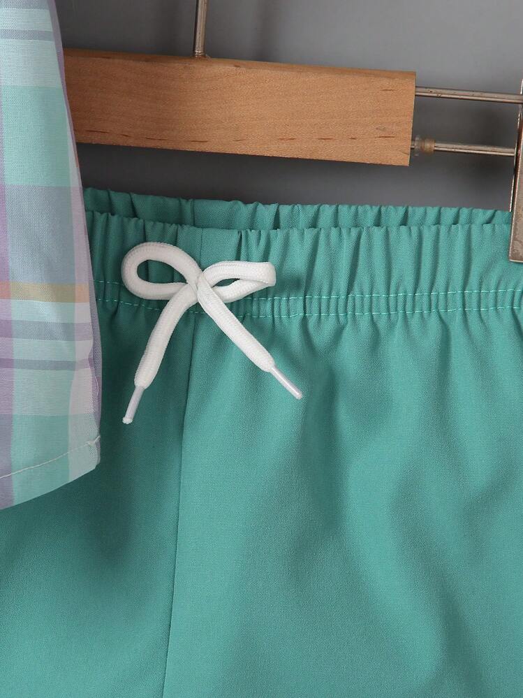 SHEIN 小男孩格子透气两件套，适合度假、假期、旅行、放松、日光浴、夏季 - 綠色 - 查看 5