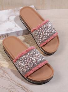 SHUZIA Women's Fashion Rhinestone & Faux Pearl Decor Flat Sandals