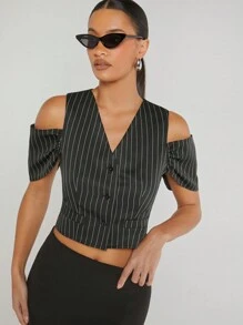 Hauture Blusa corta casual con botones al frente, hombros descubiertos y rayas verticales - Negro - Ver 1