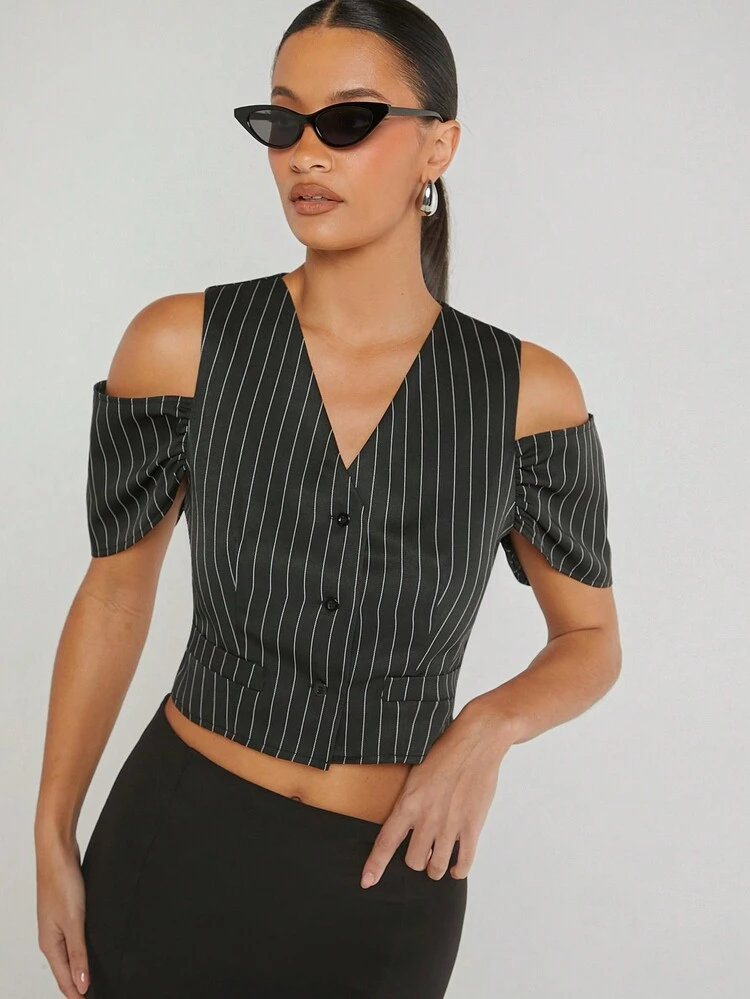 Casual Pinstripe Cold Shoulder Button Front Crop Top