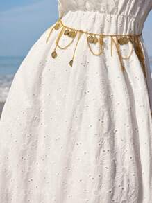 Anewsta Holiday Style Romantic Beach Sexy Laser Embroidery & Tassel Decor Drawstring Women's Casual White Cross V-Neck Floor-Length Dress