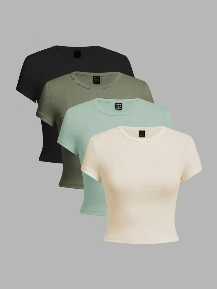 SHEIN EZwear 4pcs/Set Casual Versatile Round Neck Short Sleeve Form-Fitting Women T-Shirts, Suitable For Summer Suitable For Going Out - Multicolor - View 1