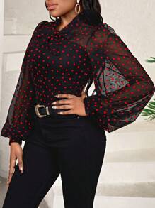 SHEIN Lady Heart Mesh Lantern Sleeve Top - Multicolor - View 4