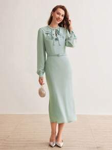 MOTF PREMIUM 打結領襯托燈籠袖荷葉邊連衣裙 - 綠色 - 查看 5