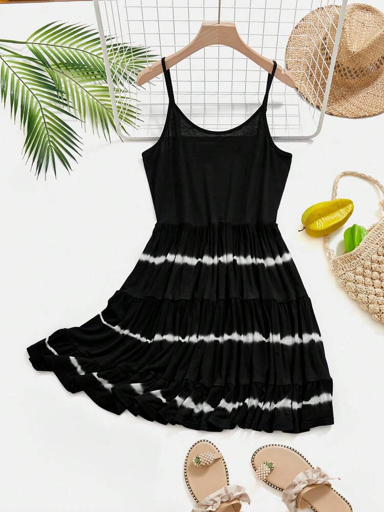 Women's Asymmetrical Random Patchwork Tie Dye Pattern Spaghetti Strap Dress