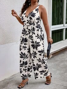 SHEIN Holidaya 加大尺寸隨機印花無袖連體褲 - 杏色 - 查看 5