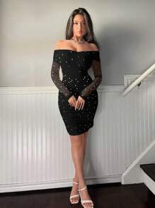 Firerie Off Shoulder Ruffle & Trân châu & Kết cườm Váy bodycon - màu đen - Xem 5