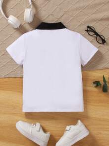 SHEIN 男童春夏季休閒色塊短袖Polo衫，百搭風格 - 白色 - 查看 2