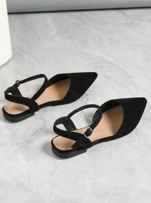 Nuevos zapatos planos de mujer con punta puntiaguda, tacón bajo e imitación de terciopelo en la correa trasera para uso en exteriores - Negro - Ver 4