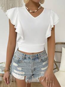 Breezaya Camiseta Corta De Hombro Descubierto Y Detalles De Volantes Para Mujer De Color Sólido - Blanco - Ver 1