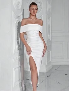 Elisanya 露肩荷叶边前开衩露背派对礼服白色优雅鸡尾酒半正式舞会婚礼宾客礼服，适合生日、毕业典礼、晚宴、返校节夏季 - 白色 - 查看 6