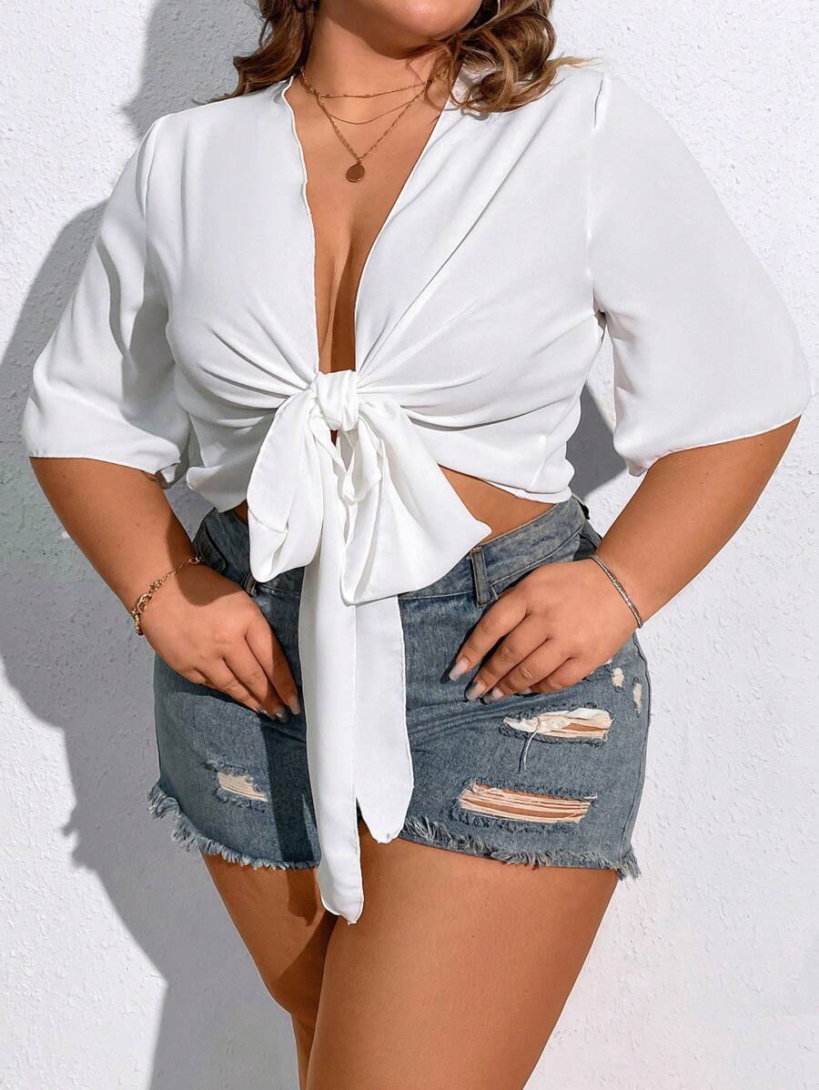 SHEIN CURVE+ 大尺碼純色束腰短款和服外套 - 白色 - 查看 1
