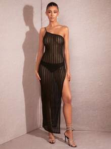 SHEIN BAE 鉤織透視性感斜肩不對稱高側開衩連衣裙 - 黑色 - 查看 4