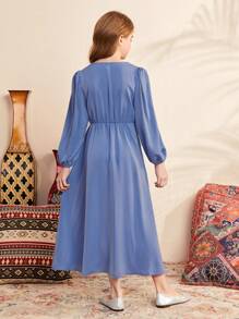SHEIN Vestido Elegante Com Decote Em V Solto E Cinto De Tecido Para Meninas Adolescentes - Azul - Ver 3