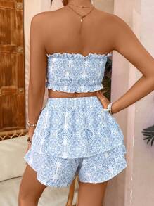SHEIN VCAY Summer Floral Print Ruched Strapless Top And Elastic Waist Skirt - Blue and White - View 2