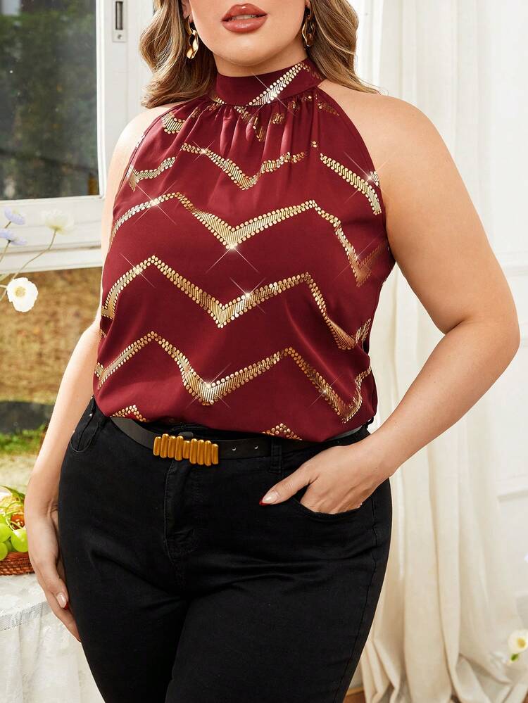 Plus Size Women's Gold Foil Waves Printed Halter Neck Blouse