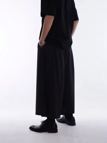 Chillumni 男士抽绳腰斜口袋裤 加大码长款褶皱男式纯黑色 秋季外出裤 - 黑色 - 查看 2