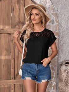 SHEIN LUNE 女士固色露肩拼接蝙蝠袖衫 - 黑色 - 查看 4