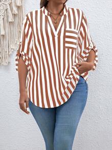 Calvaya Plus Size Summer Striped Patch Pocket Blouse With Notched Collar - Multicolor - View 3