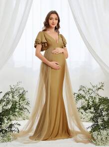 Faeriesty Dressalisa Maternity Layered Ruffle Sleeve Contrast Mesh Formal Gown - Khaki - View 5