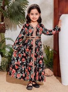 Young Girl Floral Printed Gold Ribbon V-Neck Dress - Multicolor - View 3