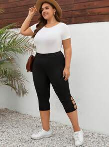 SHEIN LUNE Black 7-Point Leggings With Cutout Details For Women, Stretchy High-Waisted Leggings, Suitable For Sports, Casual And Fashion Wear