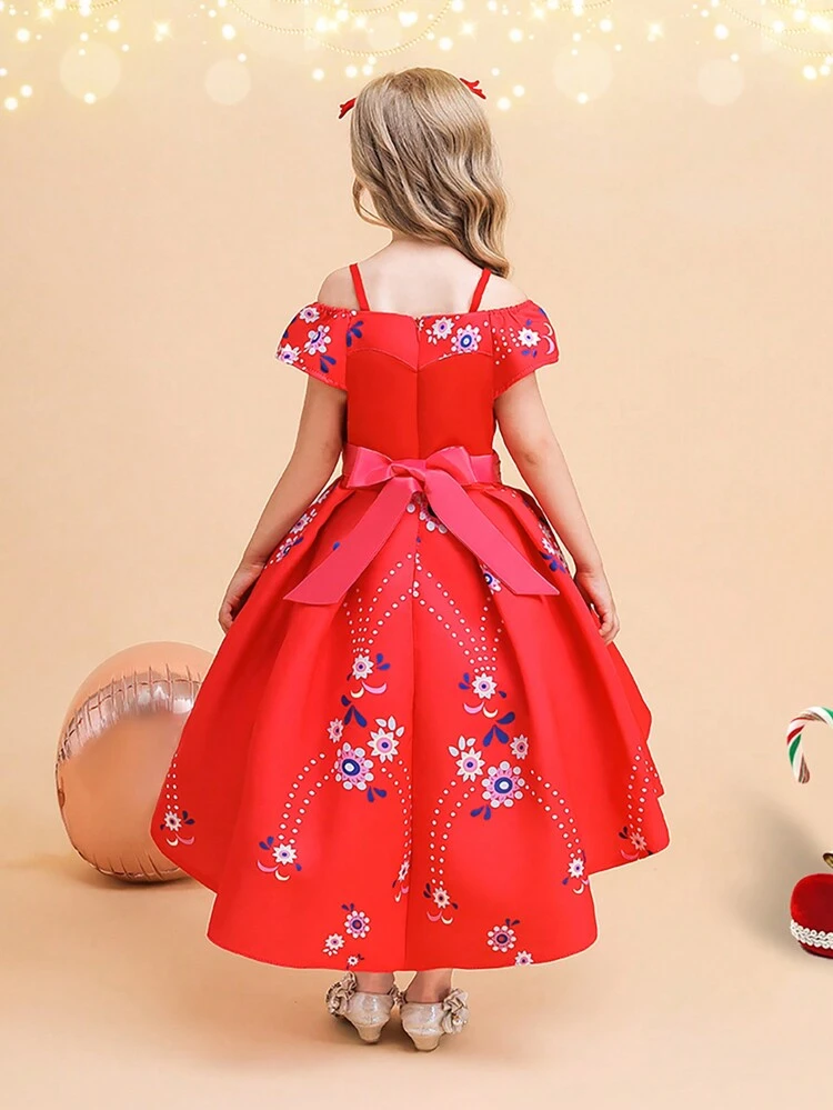 Young Girl's Flower Print Big Swing Princess Dress For Birthday Party, Wedding Flower Girl Dress