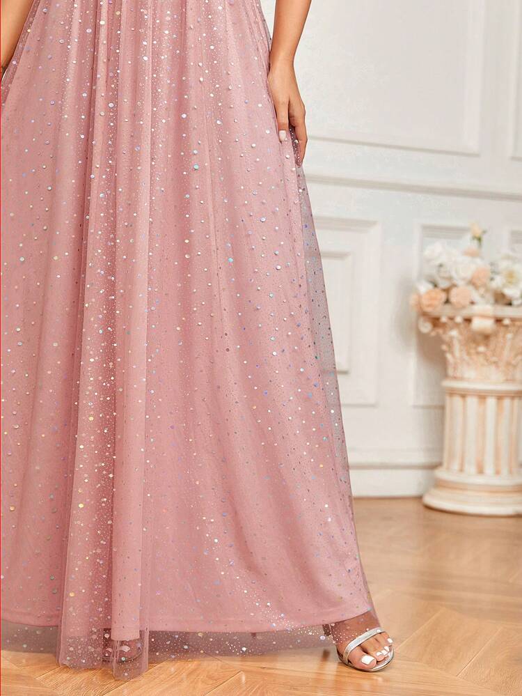 Elegant, Soft And Elegant Feminine Lotus Pink With Sparkling Glitter Mesh Pearl Shoulder Straps Pleated Waist V-Neck High Waist A-Shaped Volume Umbrella Easter Wedding Season Bridesmaid Dress