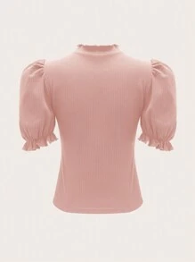 SHEIN Privé Chất rắn Gân đan Lá sen tỉa Ống tay áo Áo thun - Hồng - Xem 2