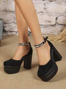 女士高跟鞋2024新款派对度假网红款粗跟双防水台镂空水钻简约玛丽珍黑色时尚百搭女士单带拖鞋，外向网红女士时尚沙滩鞋防滑户外穿拖鞋低鞋面方头高跟厚防水台时尚女鞋 - 黑色 - 查看 2