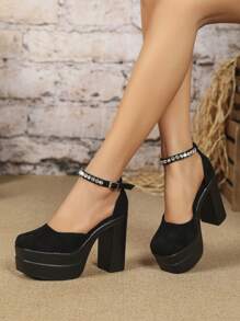 女士高跟鞋2024新款派对度假网红款粗跟双防水台镂空水钻简约玛丽珍黑色时尚百搭女士单带拖鞋，外向网红女士时尚沙滩鞋防滑户外穿拖鞋低鞋面方头高跟厚防水台时尚女鞋 - 黑色 - 查看 3