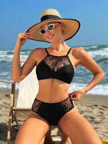 SHEIN Swim Contrast Patchwork Halter Neck Bikini Set, Two Pieces Bikini Swimwear Summer